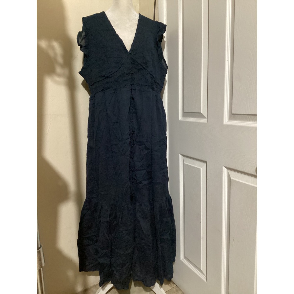 Quince Organic Textured Cotton Smocked V-Neck Midi Dress Navy Blue XL LB59730